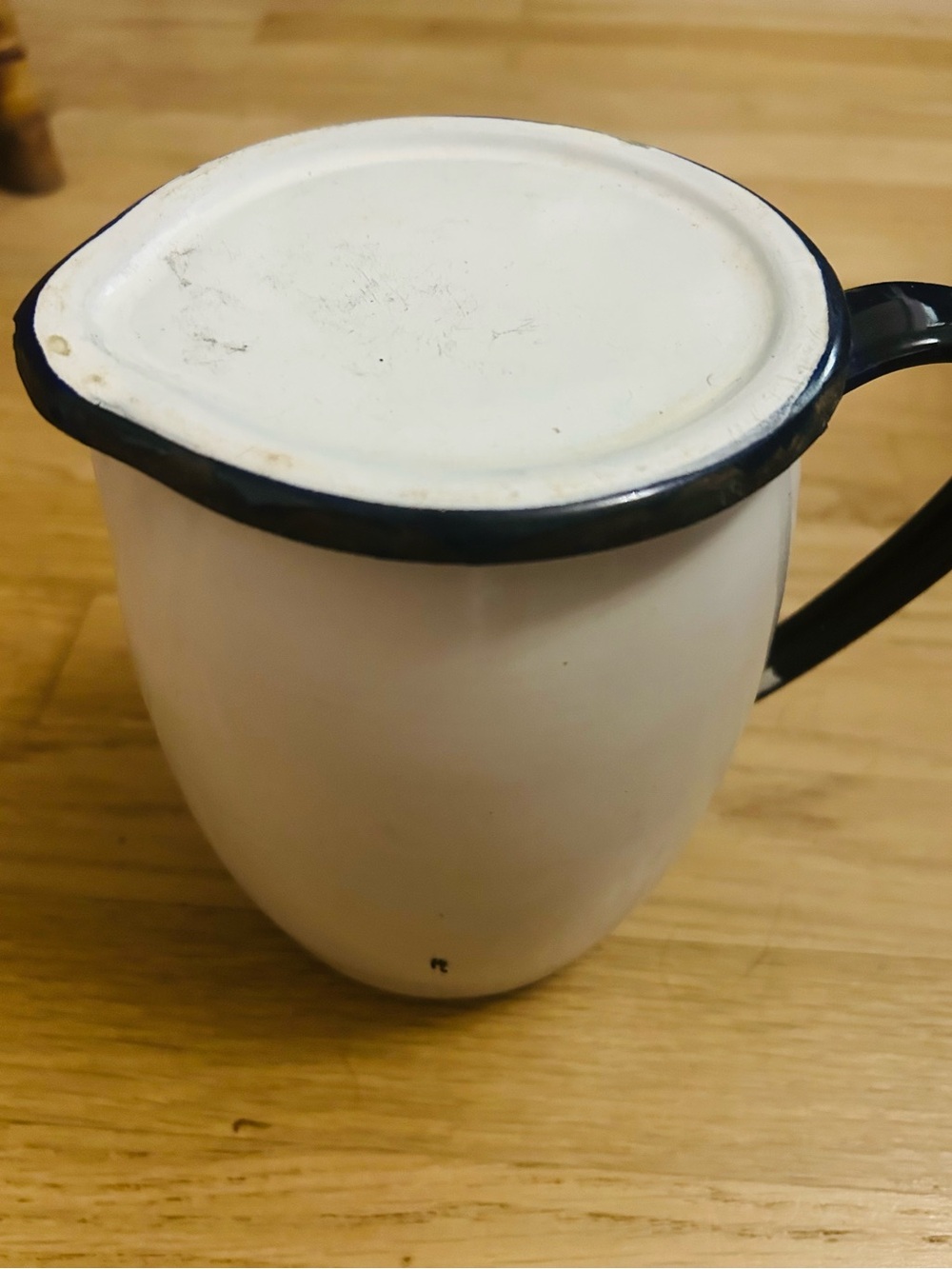 Vintage White Enamel Milk Pitcher with Black Trim